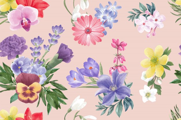Winterblütenmuster mit Gerbera, Lavendel, Krokus, Pfingstrose