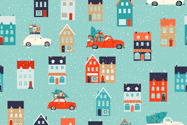 Winterhauser Fur Weihnachten Und Rotes Retro Auto Mit Einem Tannenbaum Und Geschenken Nahtloses Muster Premium Vektor