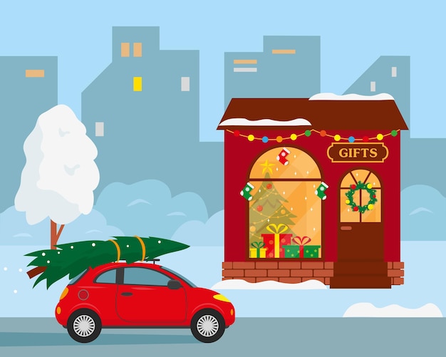 Winterstadtlandschaft geschenkladengebäude und auto mit weihnachtsbaum auf dem dach