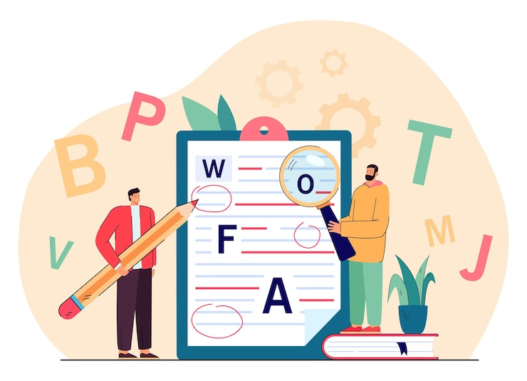 Kostenlose Vektor winzige college-personen, die fehler im text oder manuskript korrigieren. leute, die grammatik-, zeichensetzungs- und rechtschreibfehler flache vektorillustration überprüfen. bildung, bearbeitungskonzept für banner, website-design