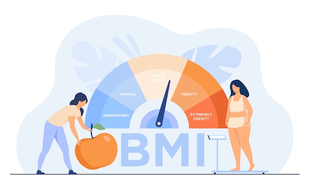 Kostenloser Vektor winzige frauen in der nähe von fettleibigen diagrammschuppen isolierten flache vektorillustration. weibliche zeichentrickfiguren auf diät unter verwendung der gewichtskontrolle mit bmi. body mass index und medizinisches fitness-übungskonzept