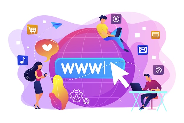 Winzige Geschäftsleute mit digitalen Geräten beim Surfen im Internet. Internetabhängigkeit, reale Substitution, Konzept der lebenden Online-Störung. Helle lebendige violette isolierte Illustration