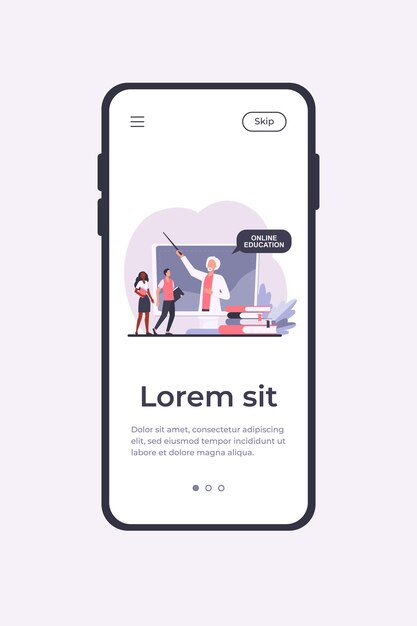Winzige Leute hören Dozent auf Computerbildschirm. Buch, Schüler, Lehrer flache Vektor-App-Vorlage