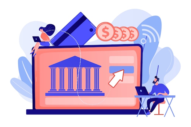 Winzige Leute mit Laptop und finanzieller digitaler Transformation. Offene Bankplattform, Online-Bankensystem, Illustration des Konzepts zur Finanzierung der digitalen Transformation