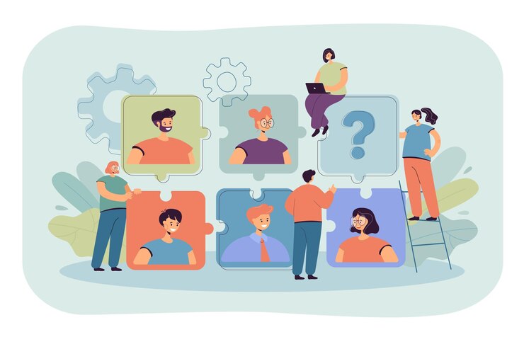 Kostenlose Vektor winziger hr-spezialist auf der suche nach rekruten für job flat illustration.
