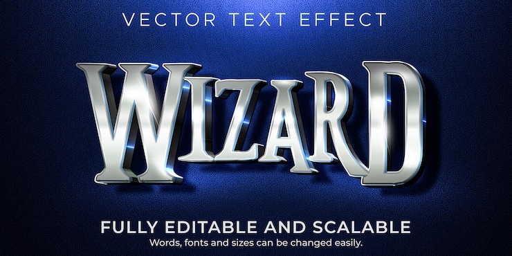 Kostenlose Vektor wizard-texteffekt, bearbeitbarer metallischer und glänzender textstil
