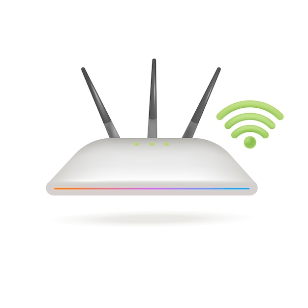 WLAN-Router und grüne Wi-Fi-Symbol 3D-Darstellung. Cartoon-Zeichnung von Geräten für den Internetzugang im 3D-Stil auf weißem Hintergrund. Internet oder Netzwerk, Kommunikation, Verbindungskonzept