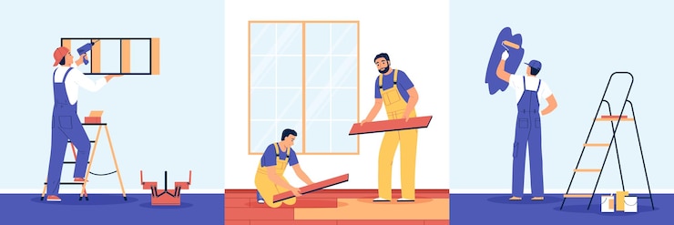 Kostenlose Vektor wohnungsrenovierungsset mit auftragnehmerarbeitern, die innenwartungsvektorillustration durchführen