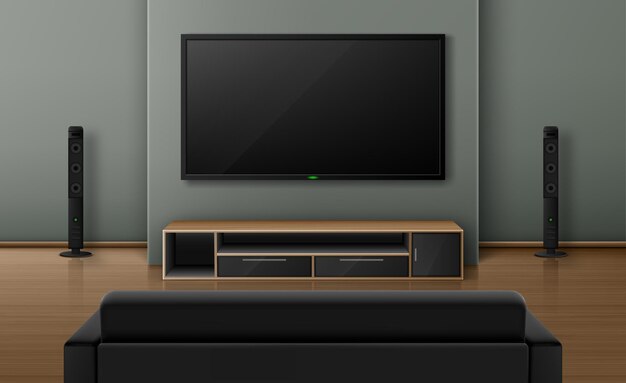 Wohnzimmer Interieur mit Sofa Rückansicht und Fernseher mit Dynamik.