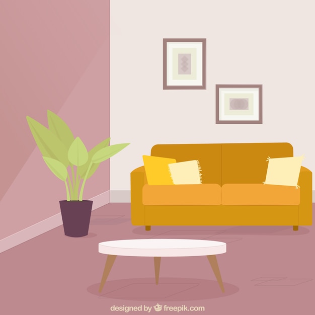 Kostenloser Vektor wohnzimmer mit couch und pflanzen