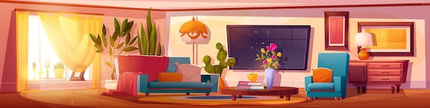 Wohnzimmer mit TV und Vintage-Möbeln