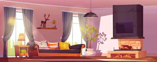 Kostenloser Vektor wohnzimmereinrichtung mit kamin zu hause, cartoon-illustration, sofa in der nähe der wand im gemütlichen haus, vektordesign, chalet-wohnzimmer-lounge mit teppichcouch und fernseher. schöne hotelwohnung am kamin