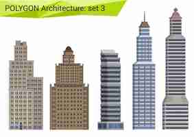 Kostenloser Vektor wolkenkratzer, stadthäuser und gebäude im polygonalen stil gesetzt.