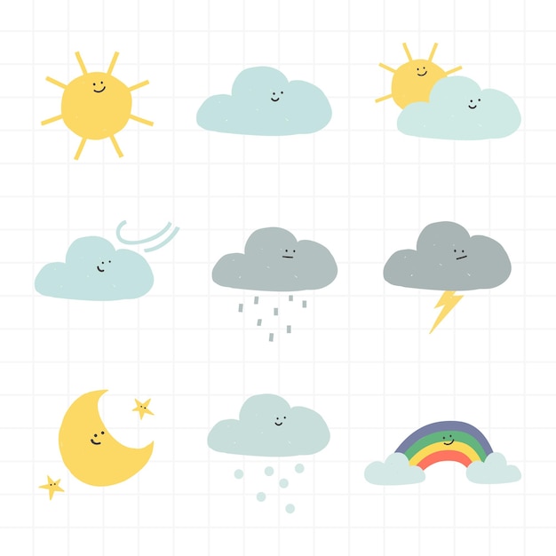 Kostenloser Vektor wolkenwetteraufkleber mit lächelndem gesicht süßes doodle-set für kinder