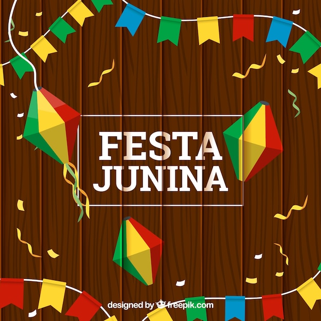 Kostenloser Vektor wooden festa junina hintergrund mit bunten dekoration