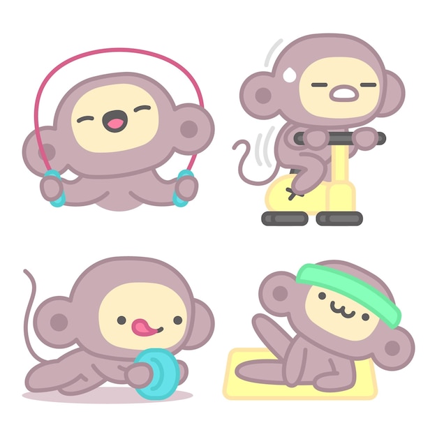 Workout-fitness-sticker-sammlung mit affen und bananen