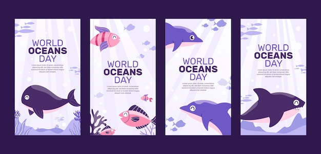 World oceans day handgezeichnete flache ig-geschichten-sammlung