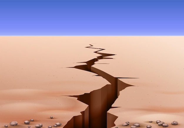 Wüstenlandschaftsboden knackt realistische komposition mit klarem himmel der außenlandschaft und blick auf die erdrissillustration