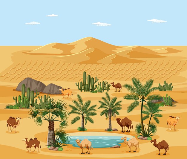 Wüstenoase mit Palmen und Kamel-Naturlandschaftsszene