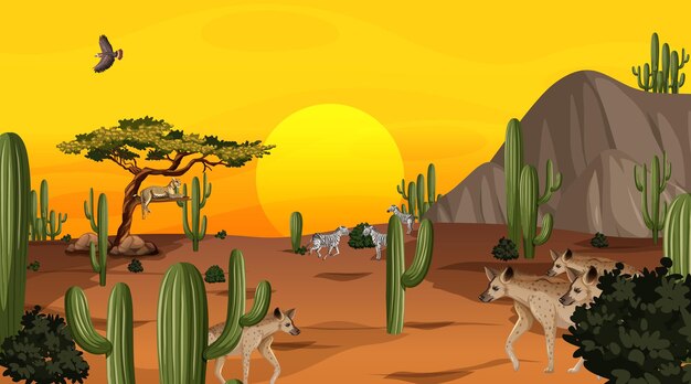 Wüstenwaldlandschaft bei Sonnenuntergang mit wilden Tieren