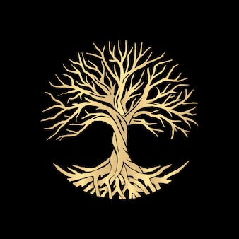 Wurzel Oder Baum Baum Des Lebensvektorsymbols Mit Einer Kreisform Schone Illustration Der Isolierten Wurzel Mit Goldfarbe Premium Vektor