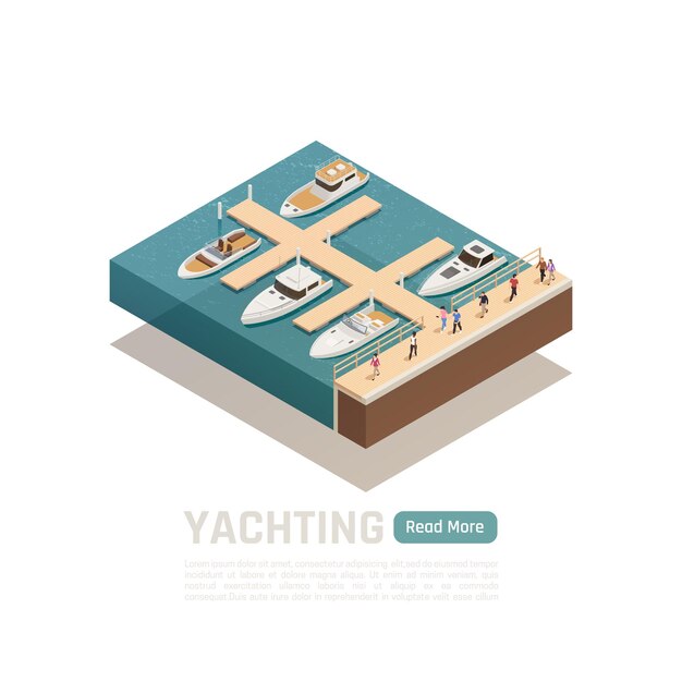 Yachting isometrische banner farbige zusammensetzung mit fünf verschiedenen booten und grün lesen mehr knopfillustration,