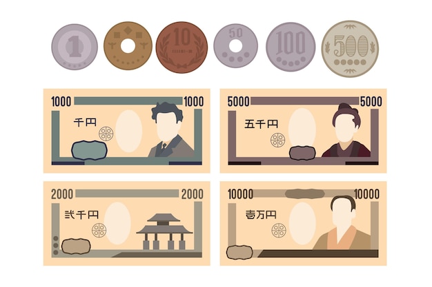 Kostenloser Vektor yen banknoten- und münzsammlung