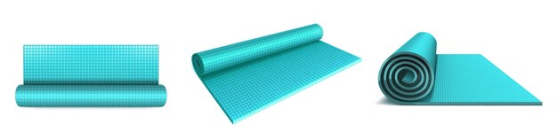 Yogamattenoberteil, Winkel- und Seitenansicht, blau gerollte Matratze für Fitnessübungen, Dehnen, Meditation, Sporttraining auf dem Boden, flacher Aerobic-Teppich isoliert auf Weiß