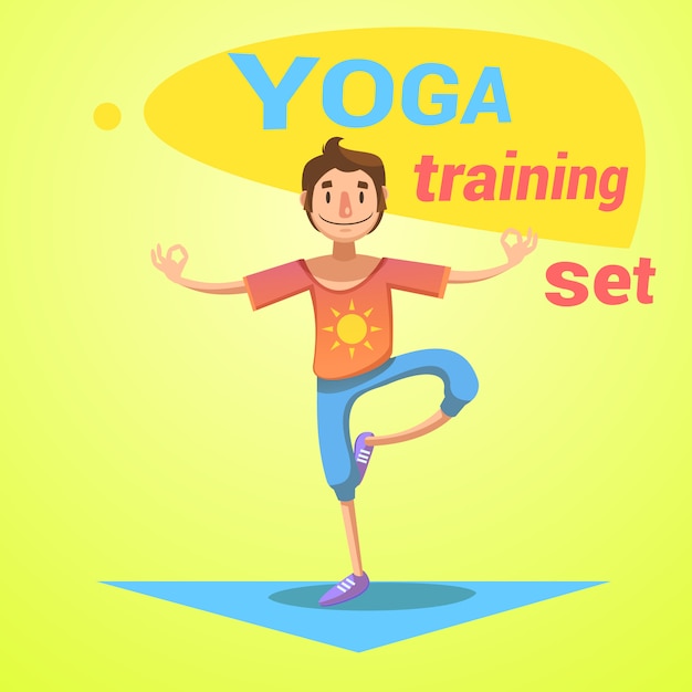 Kostenloser Vektor yogatraining stellte mit gesundheits- und glücksymbolkarikaturvektorillustration ein