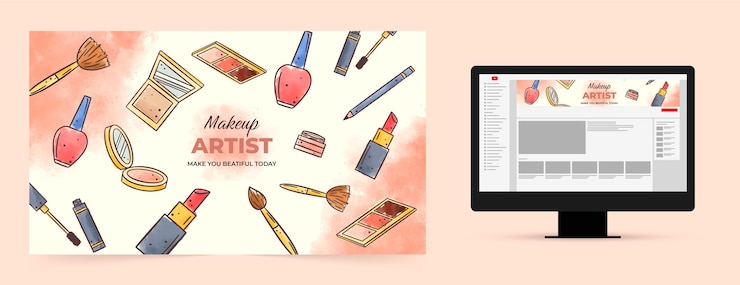 Kostenlose Vektor youtube-kanalkunst des aquarell-make-up-künstlers