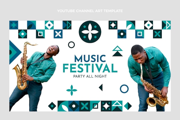 Kostenloser Vektor youtube-kanalkunst des flachen mosaikmusikfestivals