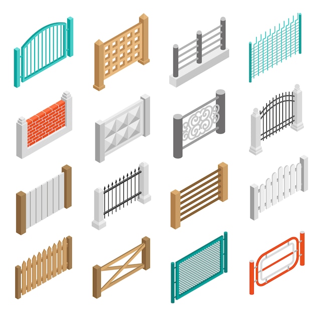 Kostenloser Vektor zäune-arten-element-ikonen-isometrische sammlung