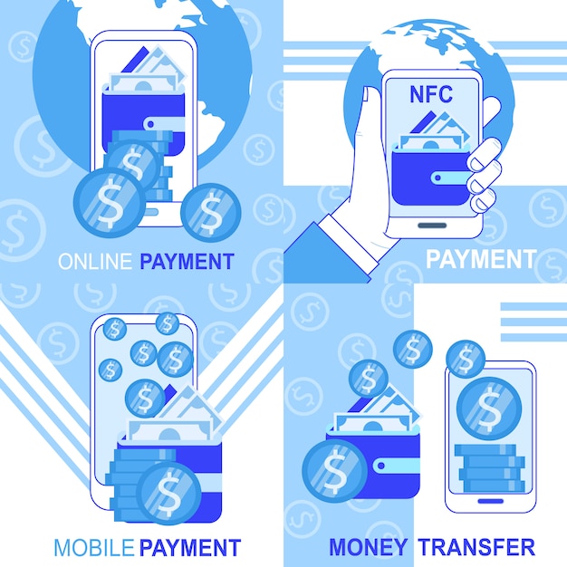 Kostenloser Vektor zahlungs-geldtransfer-fahnen-gesetzte vektor-illustration online bewegliche nfc