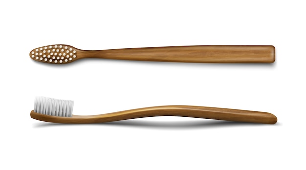 Zahnbürste aus Holz oder Bambus, stomatologisches Produkt für Zahnpflege und Mundhygiene, Holz-Toilettenartikel-Vorlagen, Holzzahnbürste isoliert. Realistische 3D-Vektorillustration
