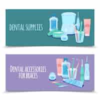 Kostenloser Vektor zahnhygiene-set aus zwei horizontalen bannern mit flachen bildern von zahnpasta-zahnbürsten und verzierter textvektorillustration