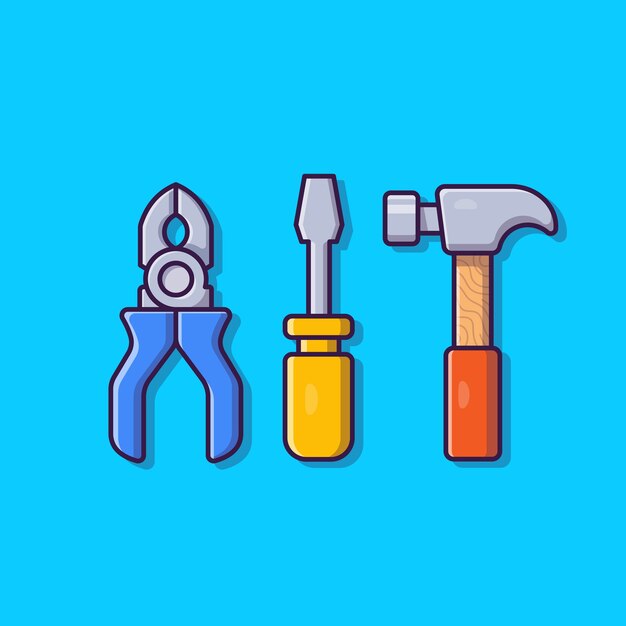 Zange, Hammer und Schraubendreher Cartoon Icon Illustration. Tools Objekt Symbol Konzept isoliert. Flacher Cartoon-Stil