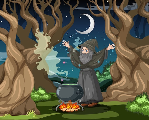 Zauberer mit Karikaturstil des schwarzen magischen Topfes auf dunklem Waldhintergrund