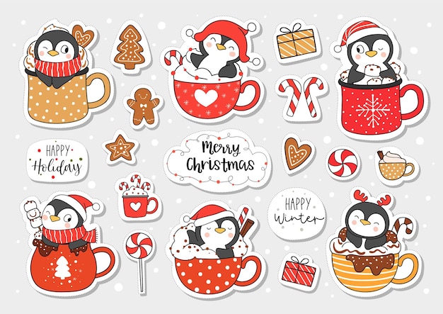 Zeichne einen bedruckbaren pinguin mit weihnachtsgetränk für weihnachten
