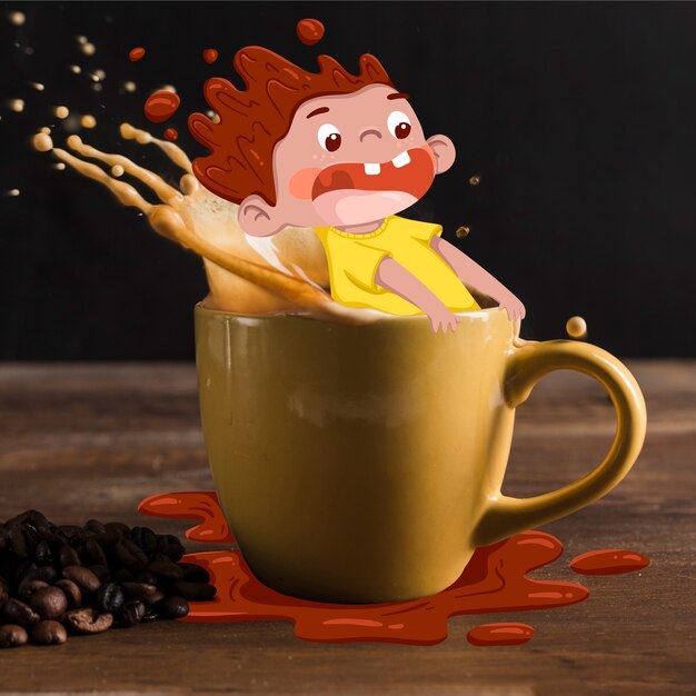 Zeichnung eines Jungen in einer Kaffeetasse