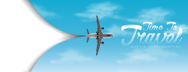 Zeit, Vektorflieger mit weißem Kopienraum und Himmel mit Flugzeug zu reisen