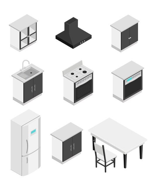 Zeitgenössische isometrische küchenelemente luxuriöse möbel und haushaltsgeräte