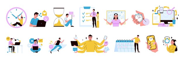 Zeitmanagement-Flachsatz von Multitasking-Sanduhr-Stoppuhr-Arbeitsplansymbolen und Personen, die Geschäftsprozesse planen, isolierte Vektorillustration