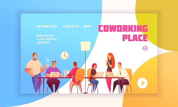 Zielseitenkonzept des Coworking-Platzes für Website mit Mitarbeitern im geteilten Arbeitsumfeld und Kontaktinformationen über feste flache Illustration