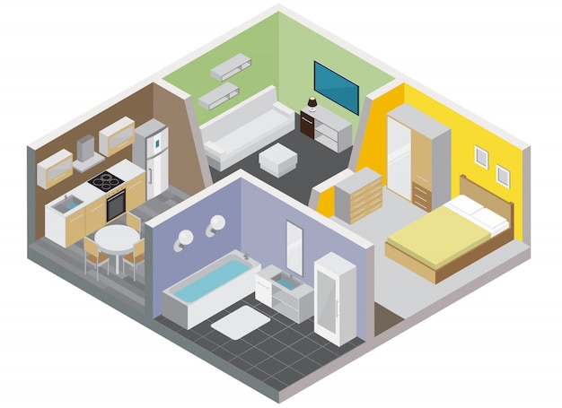 Zimmer Apartment Konzept mit Küche Bad Schlafzimmer und Wohnzimmer isometrisch