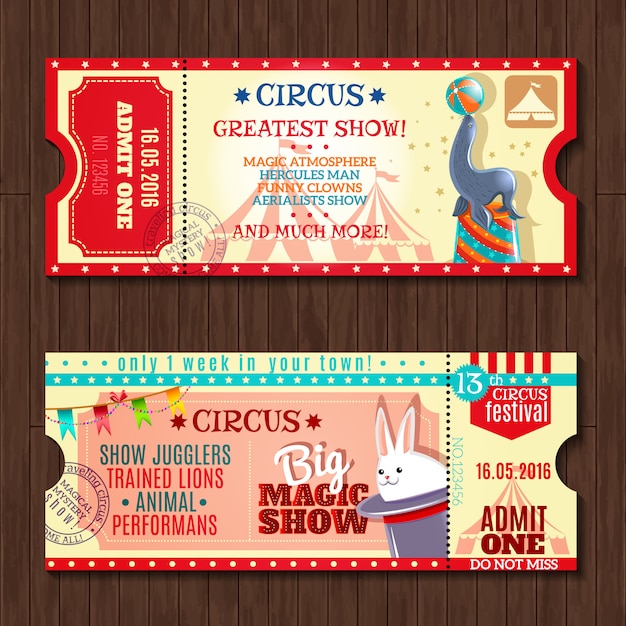 Zirkus-show zwei vintage-tickets gesetzt