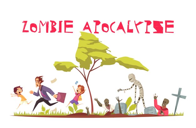 Zombie-Angriffskonzept mit Apokalypse- und Angstsymbolen flach