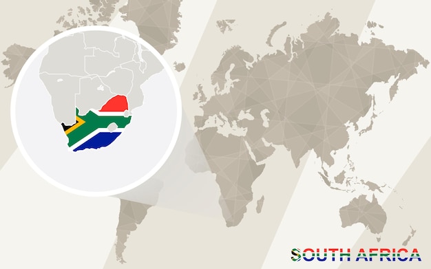 Zoomen sie auf die karte und flagge von südafrika. weltkarte.