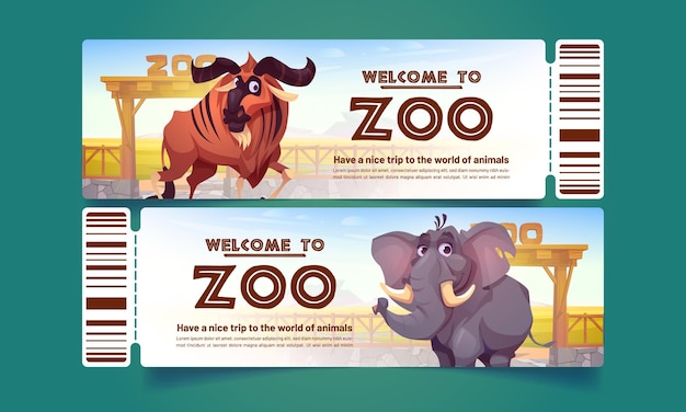 Kostenloser Vektor zootickets mit büffel- und elefantentieren