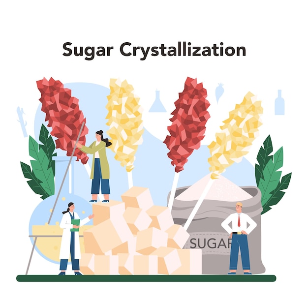 Kostenloser Vektor zuckerindustrie saccharose und fructose aus zuckerrohr und zuckerrüben extrahiert getränke süßigkeiten süßwaren backwaren zutat isolierte flache vektorgrafik