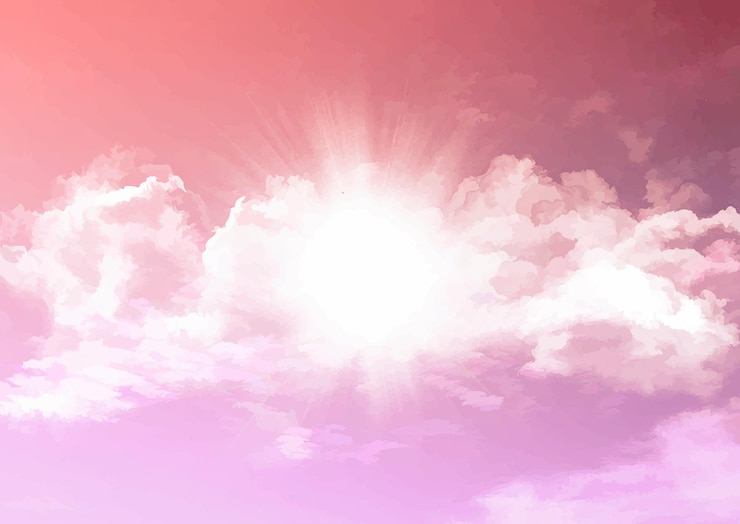 Kostenlose Vektor zuckerwatte im aquarell-stil bewölkt hintergrund mit sunburst-design